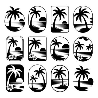 Tropik Günbatımı Palmiye Ağacı Simgeleri: Markalaşma ve Dekorasyon İçin On İki Siyah ve Beyaz Siluet Tasarımı Koleksiyonu.