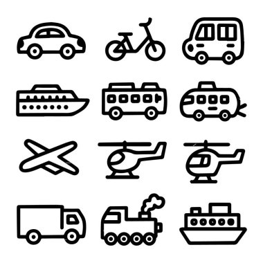 Kalın Siyah Taslak Simgeleri: Ulaşım Seti; Otomobiller, Otobüsler, Trenler, Tekneler, Uçaklar ve Helikopterler; Basit, Çocukça Benzerlik Tarzı; Eğlenceli, Neşeli Ruh hali.