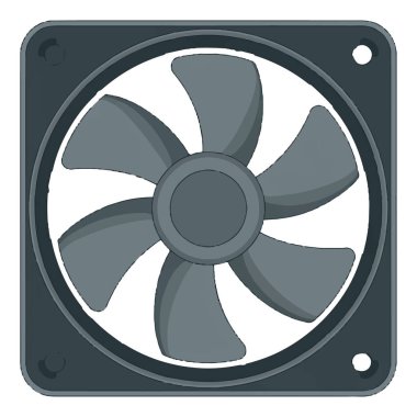 Gösterişli koyu gri bilgisayar soğutma fan illüstrasyonu; modern, minimalist tarz; temiz, verimli estetik; teknoloji konsepti; beyaz arka planda izole edilmiş.