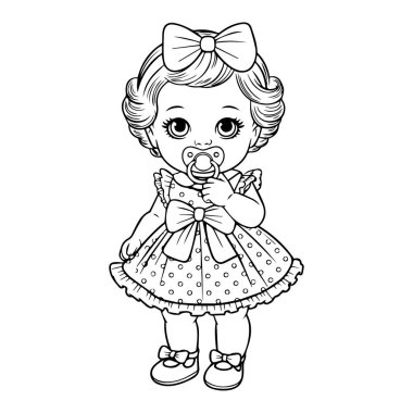 Polka noktalı elbise, emzik, fiyonk içinde sevimli, siyah beyaz çizgili resim çizimi olan sevimli retro-stil bebek..