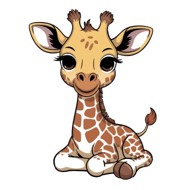 Tapılası Bebek Zürafa İllüstrasyonu; Oturan Poz, Büyük Göz, Tatlı İfade, Çocuksu Cazibe, Çocuk Ürünleri İçin Mükemmel, Tebrik Kartları ve Giysi Tasarımları.