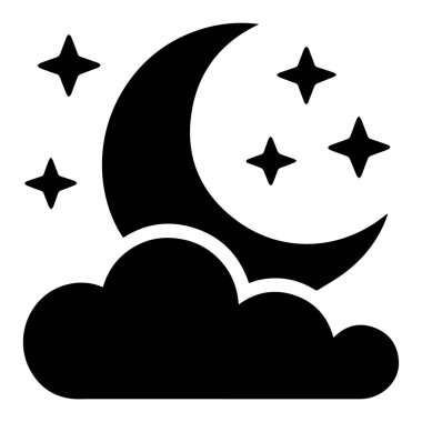 Hilal Ay, Yıldızlar ve Bulut: Basit, Kalın, Siyah ve Beyaz Gece Gökyüzü Simgesi Grafik Tasarım Elemanı.