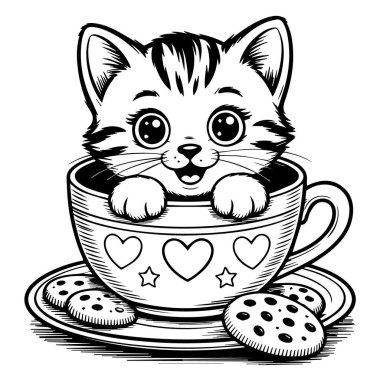 Çikolata parçacıklı çay fincanının içine yerleştirilmiş sevimli çizgi film kedisi. Siyah beyaz, kaprisli, büyüleyici bir illüstrasyon..