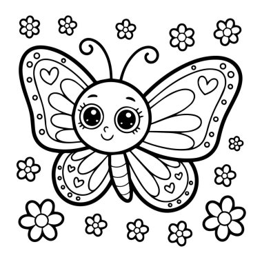 Tapılası kelebek boyama sayfası; kaprisli, şirin tarz; kalpler, çiçekler, siyah ve beyaz; çocuk kitabı illüstrasyonu.