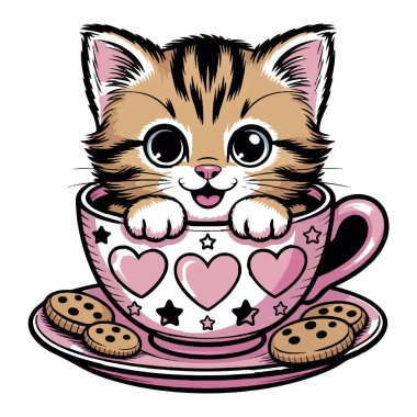 Sevimli çizgi film kedisi pembe kalp süslemeli çay fincanına yerleştirilmiş çikolata parçalı kurabiyelerle.