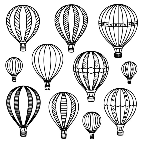 El yapımı vintage sıcak hava balonları koleksiyonu; siyah beyaz çizgi sanatı; kaprisli, maceracı ruh hali.