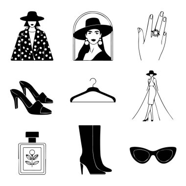 Moda aksesuar ve giysi vektör sanatı beyaz arka planda izole edilir