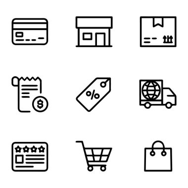 Beyaz arkaplanda izole edilmiş ekommerce alışveriş simgeleri vektör sanatı