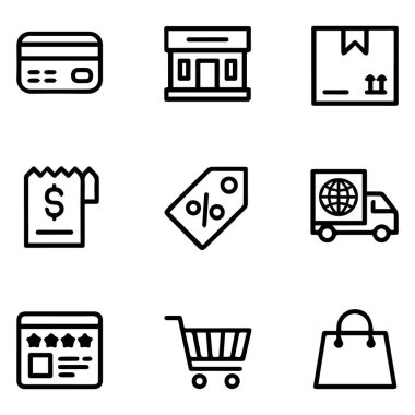Ekommerce simgelerinin vektör sanatı beyaz arkaplanda izole edilmiş online alışveriş elemanlarını tasvir ediyor