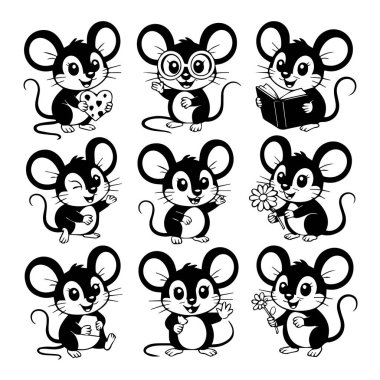 Beyaz arkaplanda izole edilmiş çizgi film fare karakterleri koleksiyonu vektör sanatı
