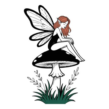 Beyaz arka planda izole edilmiş bir mantarın üzerinde oturan bir perinin vektör sanatı