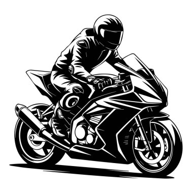 Beyaz arka planda izole edilmiş bir motosiklet yarışında tam vitesli bir motosiklet sürücüsü vektör sanatı