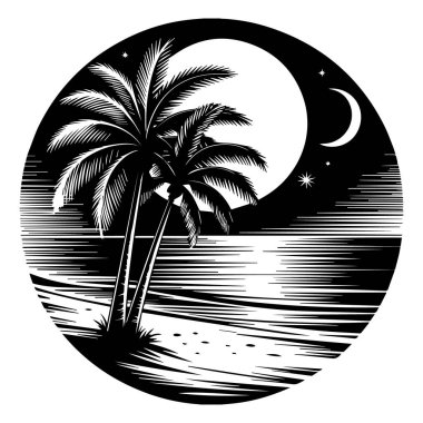 Palmiye ağaçlarının vektör sanatı geceleri beyaz arka planda izole bir plajda durur.