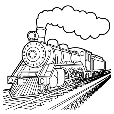 Eski bir buharlı trenin vektör sanatı demiryolu rayları boyunca tıkırdıyor, beyaz arka planda izole edilmiş.