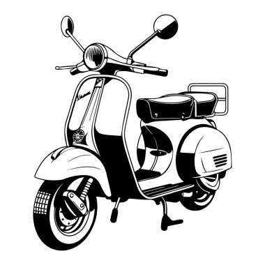 Beyaz arkaplanda izole edilmiş klasik scooter 'ın siyah beyaz vektör çizimi