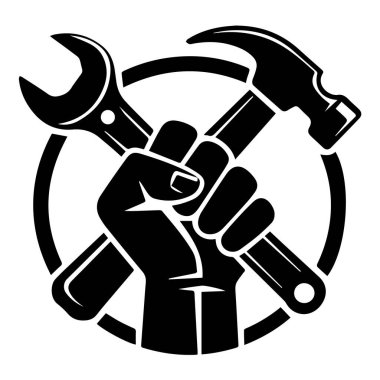 Çekiç ve anahtar tutan sıkılmış bir yumruğun vektör sanatı, beyaz arka planda izole edilmiş.