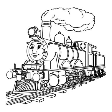 Demiryolu boyunca tıkırdayan eski bir buhar treninin detaylı çiziminin vektör sanatı