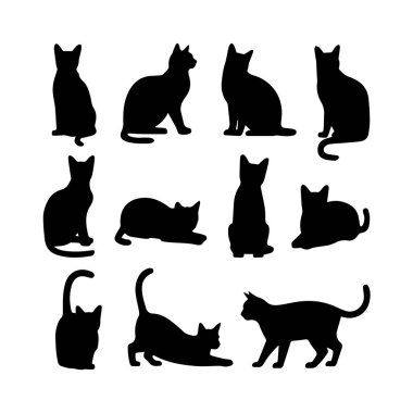 Beyaz arka planda izole edilmiş, çeşitli pozlarda siyah kedi siluetleri.