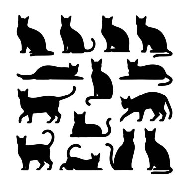 Beyaz arka planda izole edilmiş, çeşitli pozlarda siyah kedi siluetleri.