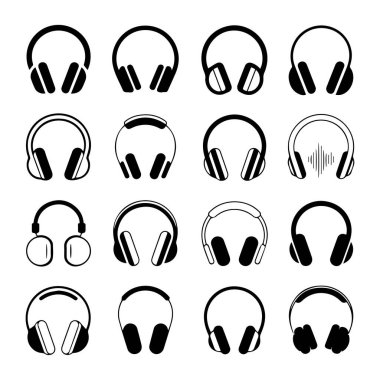 Beyaz arkaplanda izole edilmiş çeşitli kulaklık simgeleri koleksiyonu vektör sanatı