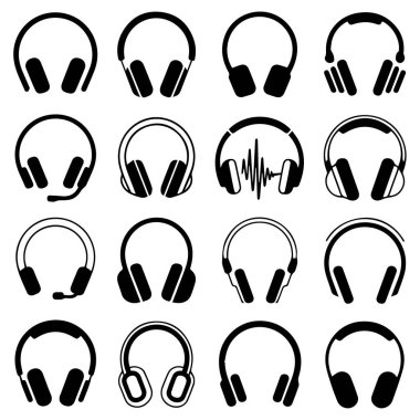 Beyaz arkaplanda izole edilmiş çeşitli kulaklık ve kulaklık simgelerinden oluşan bir koleksiyon vektör sanatı