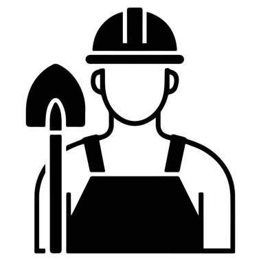 Beyaz arka planda izole edilmiş kürekle çalışan bir inşaat işçisinin siyah silueti.