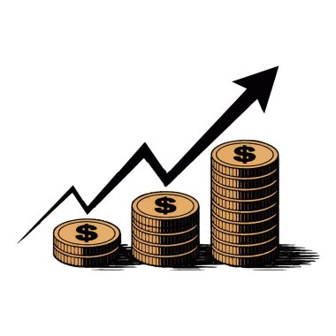Beyaz arkaplanda izole edilmiş yukarı doğru ok ile para yığınlarının vektör sanatı