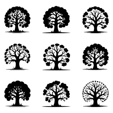 Beyaz arka planda izole edilmiş dokuz ağaç siluetinden oluşan bir vektör sanatı