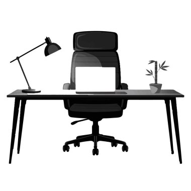 Beyaz arka planda izole edilmiş sandalye, dizüstü bilgisayar, lamba ve bitki ile modern bir ofis masasının vektör sanatı