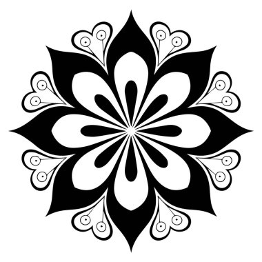 Karmaşık desenleri ve zarif dekoratif unsurları olan güzel siyah beyaz bir mandala tasarımı.