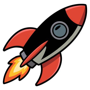 Uzaya yükselen canlı bir çizgi film roketi, macerayı, keşfi ve teknolojik yeniliği simgeliyor.