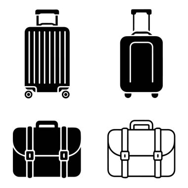 Seyahat ve tatili temsil eden siyah beyaz bavul ve bagaj ikonları.