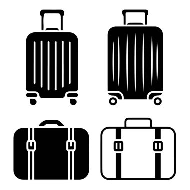 Seyahat için farklı bavul ve bavul tarzlarını temsil eden siyah beyaz bagaj ikonları.