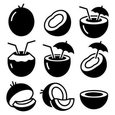 Siyah ve beyaz hindistan cevizi ikonları bir bütün, yarı yarıya ve süslenmiş tropikal meyve içeceklerini temsil eder.