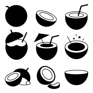 Siyah ve beyaz hindistan cevizi ikonları bir bütün, yarı yarıya ve süslenmiş tropikal meyve içeceklerini temsil eder.