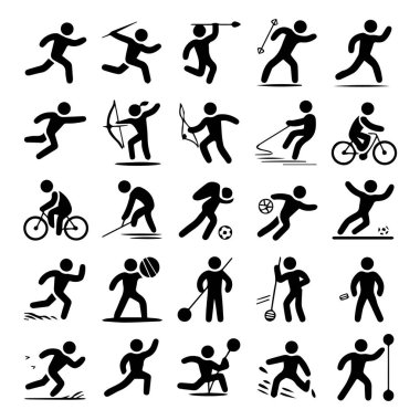 Beyaz arka planda çeşitli spor ve atletik aktiviteleri temsil eden çeşitli siyah çubuk figürü simgeleri