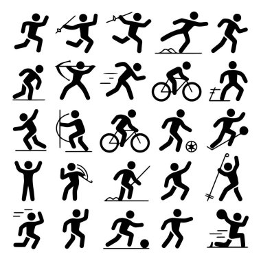 Koşu, okçuluk, bisiklet ve takım sporları gibi çeşitli spor aktivitelerini temsil eden bir çöp adam koleksiyonu