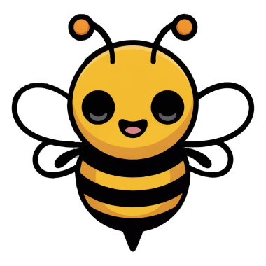 Siyah çizgileri ve sarı gövdesi olan, beyaz bir arka planda izole edilmiş neşeli bir çizgi film arısı.