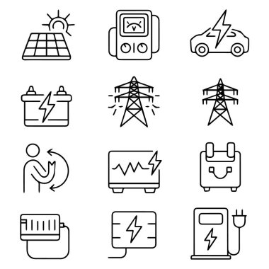 Sürdürülebilir enerji çözümlerini temsil eden güneş panelleri, elektrikli arabalar, piller ve elektrik şebekelerini tasvir eden bir enerji ikonları koleksiyonu