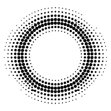 Siyah noktalı dairesel yarım ton deseni beyaz arkaplanda retro ve soyut bir tasarım yaratır.