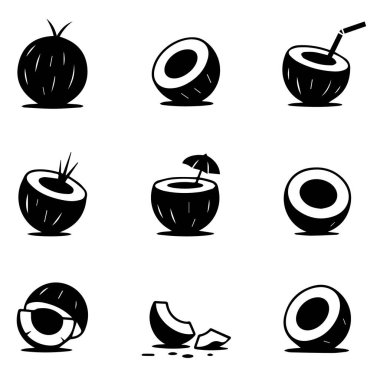 Coconut Illustrations 'ın bir koleksiyonu tropikal meyvelerin çeşitli formlarını sergiliyor, yaz içecekleri için mükemmel.