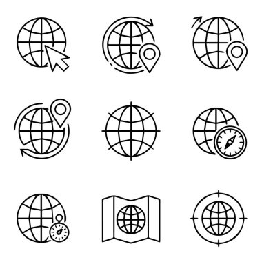 Küresel bağlantı ve seyahat noktalarını sembolize eden minimalist çizgi sanat simgelerinin bir koleksiyonu.
