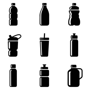 Su şişesi siluetlerinin bir koleksiyonu su ihtiyacını karşılamak için farklı şekiller ve boyutlar sergiliyor.