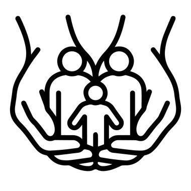 Siyah ve beyaz bir simge bir aileyi kucaklayan, bakım, koruma ve desteği temsil eden elleri gösteriyor.