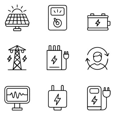 Güneş panelleri, piller ve elektrik hatlarından oluşan sürdürülebilir ve elektrik kaynaklarını temsil eden bir dizi enerji simgesi