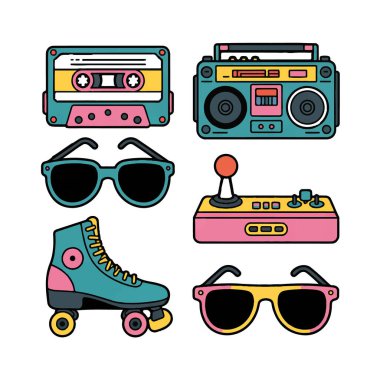 80 'ler ve 90' lardan kalma canlı bir koleksiyon kaset, teyp, teyp, güneş gözlüğü, paten ve joystick de dahil olmak üzere.