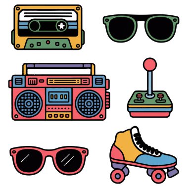 80 'ler ve 90' lardan kalma canlı bir koleksiyon kaset, teyp, teyp, güneş gözlüğü, paten ve joystick de dahil olmak üzere.