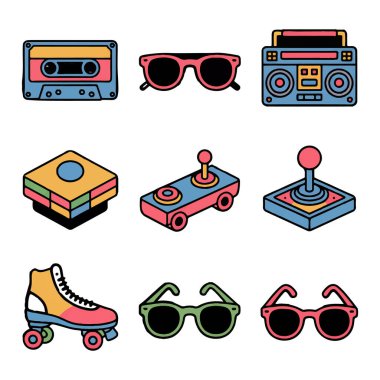80 'ler ve 90' lardan kalma canlı bir koleksiyon kaset, teyp, teyp, güneş gözlüğü, paten ve joystick de dahil olmak üzere.