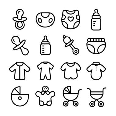 Emzik, bebek bezi, şişe, bebek arabası ve giysi içeren çeşitli bebek bakımı ikonları.
