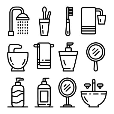 Duş, diş fırçası, ayna, küvet, lavabo ve sabun makinelerinin yer aldığı kapsamlı bir banyo ikonu koleksiyonu.